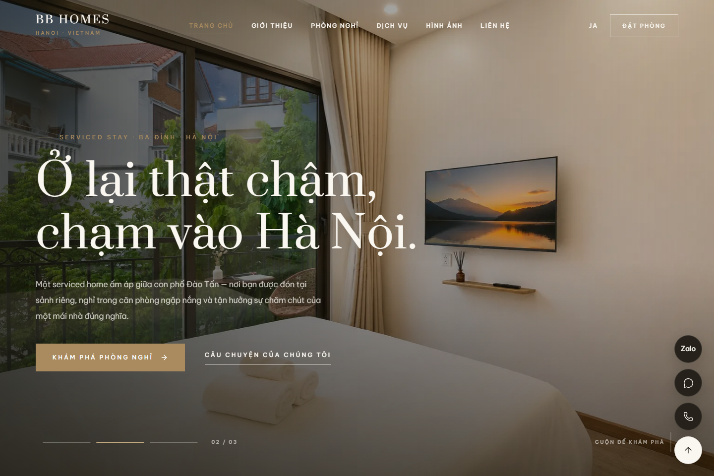 Giao diện website BB Homes giới thiệu không gian lưu trú tại Hà Nội