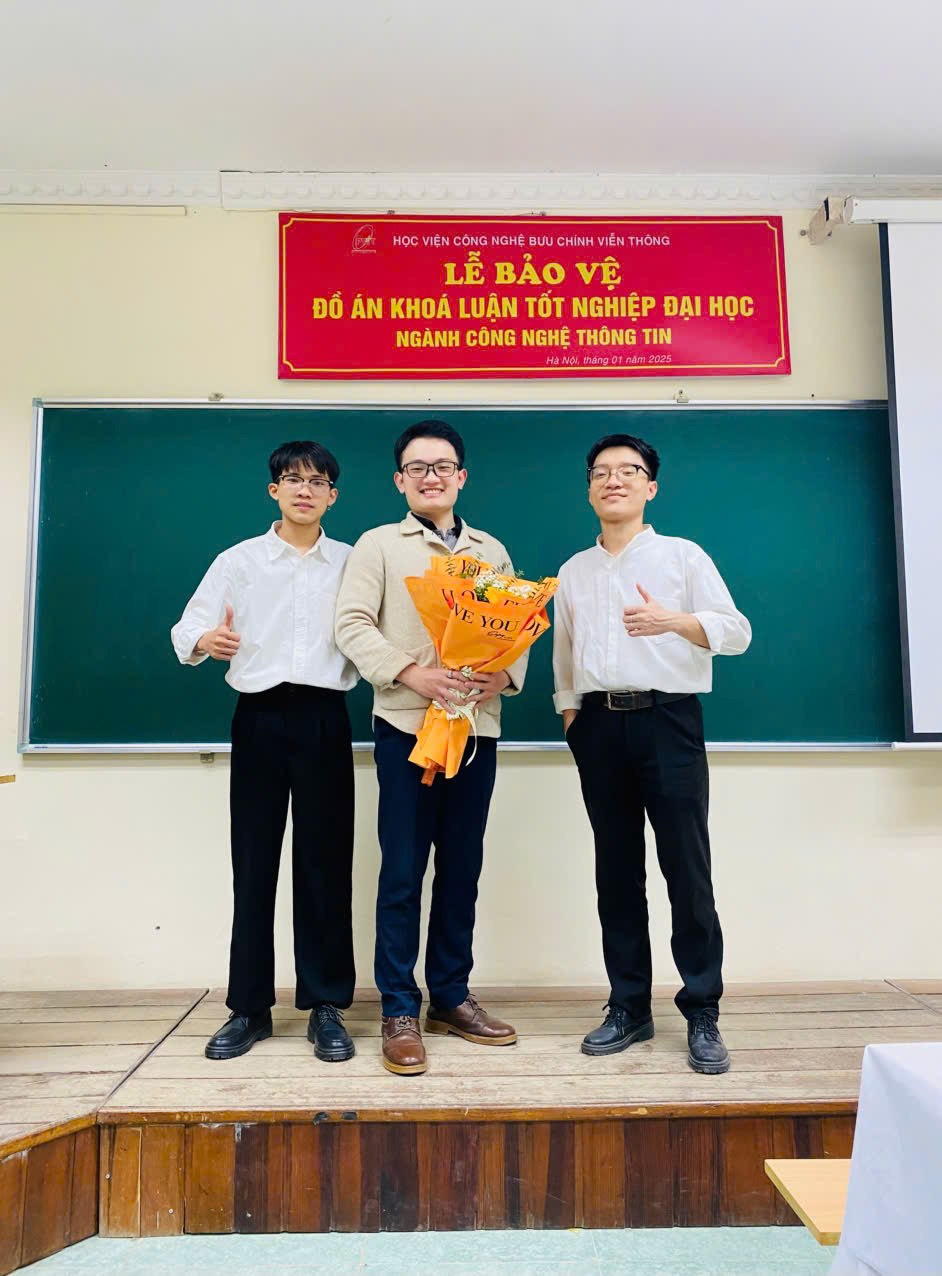 Nguyễn Quang Hảo with classmates after an undergraduate thesis defense at PTIT